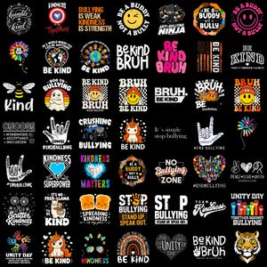 May include: A collection of graphic designs on a black background featuring anti-bullying and kindness themes. The images include text such as Be Kind, Be A Buddy Not A Bully, and Stop Bullying, alongside illustrations of unicorns, bees, hands, and hearts.