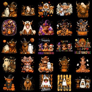 May include: A digital collection of twenty-five illustrations featuring Highland cattle in various seasonal themes, including Halloween, Thanksgiving, and Christmas, with pumpkins, ghosts, witches' hats, and festive text on a black background.
