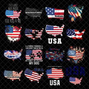 Puede incluir: Una colección de diseños patrióticos con la bandera de los Estados Unidos y contornos de mapas. Los diseños incluyen texto como "This Land Was Made For You & Me", "Montana" y "My Family, My Freedom, My Dog". La combinación de colores es rojo, blanco y azul.