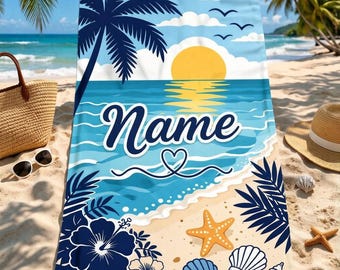 Spersonalizowany ręcznik plażowy z własnym imieniem, letni wzór oceanu, duży ręcznik bez piasku