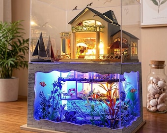 Ocean Dream DIY Miniature House Aquarium Kit with LED Light, Creative 3D Dollhouse Terrarium, Handmade Craft Gift & Home Decor
