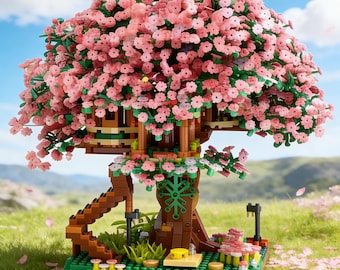 Zestaw do budowania domków na drzewie „Kwitnąca wiśnia” Sakura – zestaw z mikroklocków, dekoracja z bajki DIY