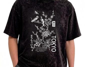 Koszulka unisex z nadrukiem w stylu vintage z japońskim ptakiem i kwiatowym motywem, estetyczna koszulka Tokyo Aesthetic w kolorze czarnym
