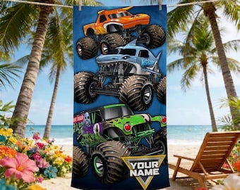 Spersonalizowany ręcznik plażowy Monster Truck dla dzieci | Niestandardowe imię | Żywy, kreskówkowy wzór | Letni basen