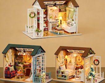 Zestaw do samodzielnego wykonania domku dla lalek w formie miniaturowego domku świątecznego, przytulny wystrój pokoju