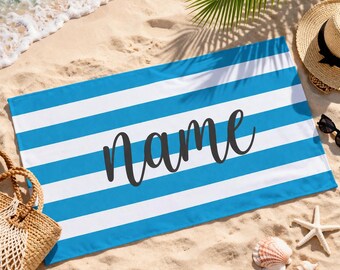 Spersonalizowany ręcznik plażowy z imieniem, ręcznik w niebieskie paski, ręcznik basenowy na letnie wakacje, szybkoschnący, miękki i bezpiaskowy ręcznik