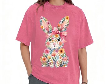 Koszulka z nadrukiem Króliczka Wielkanocnego, sprana, kolorowa koszulka z nadrukiem Króliczka, casualowa koszula w stylu vintage, dostępne różne wzory