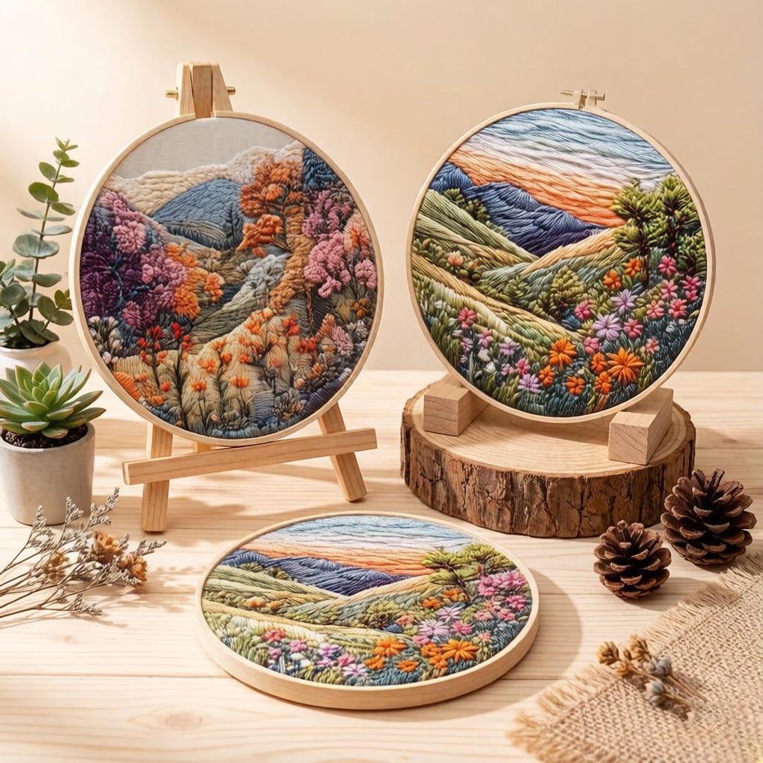 Mountain Scenery Embroidery Kit – Floral Landscape Hoop Art, Beginner ...