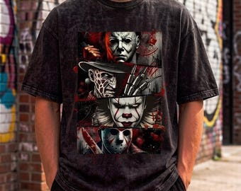 Koszulka z grafiką Horror Icons, koszulka z motywem vintage z filmu Slasher, ciemna koszulka streetwearowa unisex