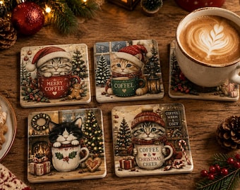 Christmas Cute Coffee Cat Coasters Set, Cute Winter Kitten Mug Mats, Holiday Table Decor Gift for Cat Lovers, Festive Kitchen Accessories