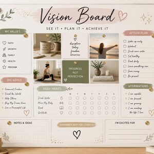 May include: A clear acrylic vision board featuring sections for My Values, Big Goals, Action Plan, Daily Habits, Affirmations, Notes & Ideas, and I'm Excited For. The board includes printed text, checkboxes, and decorative botanical illustrations.