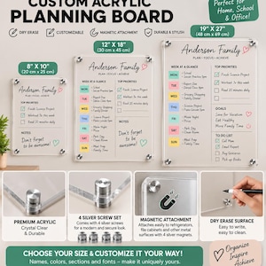 May include: Three clear acrylic planning boards in 8x10, 12x18, and 19x27 inch sizes. Each board features a weekly schedule, top priorities, and notes section with the text Anderson Family. Includes silver mounting hardware and magnetic attachments.