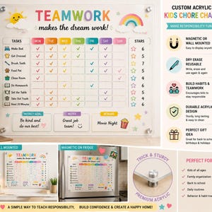 May include: A clear acrylic chore chart featuring the text Teamwork makes the dream work, a sun, and a rainbow. The grid includes columns for days of the week, rows for tasks like Make Bed and Brush Teeth, and a column for stars with numerical totals.