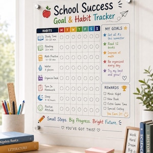 May include: A clear acrylic School Success Goal & Habit Tracker board with a grid for daily habits, a section for goals, and a rewards list. The board features colorful icons, text including "Small Steps. Big Progress. Bright Future.", and silver mounting hardware.