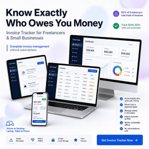 Puede incluir: Una interfaz de software de seguimiento de facturas mostrada en un monitor de escritorio, portátil, tableta y teléfono inteligente. Las pantallas muestran paneles financieros y detalles de facturas con el texto Know Exactly Who Owes You Money.