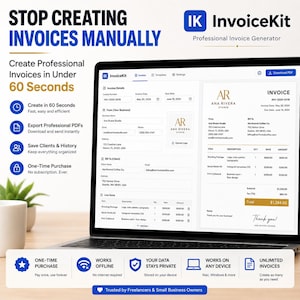 May include: A laptop screen displaying the InvoiceKit professional invoice generator interface, showing invoice details, client information, and a generated invoice preview. The surrounding text highlights features like creating invoices in 60 seconds, PDF exports, and one-time purchase options.