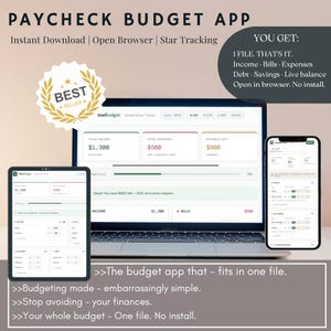 Puede incluir: Una aplicación de seguimiento presupuestario digital mostrada en una computadora portátil, tableta y teléfono inteligente. La interfaz muestra datos financieros que incluyen ingresos totales, gastos y saldo. El texto incluye PAYCHECK BUDGET APP, BEST SELLER y YOU GET: 1 FILE. THAT'S IT. Income, Bills, Expenses, Debt, Savings, Live balance, Open in browser. No install.