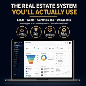 May include: A laptop displaying the RealtyFlow Pro dashboard interface with data visualizations including a sales pipeline funnel, a status pie chart, and a commission growth graph. Text above reads: THE REAL ESTATE SYSTEM YOU'LL ACTUALLY USE.