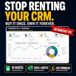 Real Estate CRM Spreadsheet | Excel Google Sheets Template | Leads Deals Commissions Pipeline Dashboard Tracker | No Monthly Fee