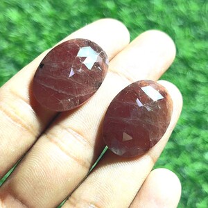 May include: Two oval-shaped, faceted gemstones in reddish-brown. The gems have a polished, reflective surface, with multiple facets catching the light. The stones are held in a hand against a blurred green background.