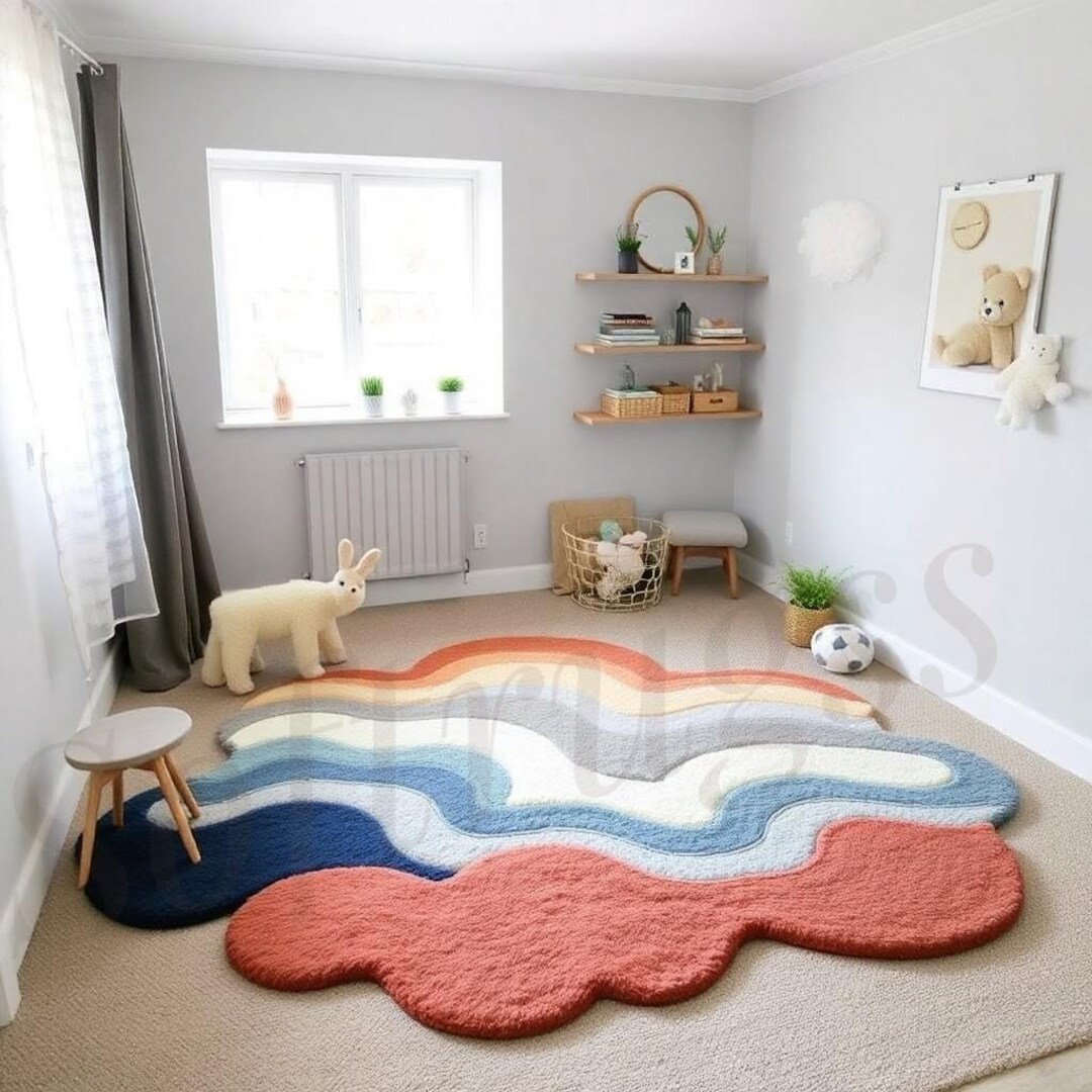 Hand Tufted Rainbow Wave Kids Room Rug – Modern Abstract Multicolor ...