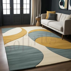 Könnte beinhalten: Ein rechteckiger Teppich mit abstraktem Design. Der Teppich hat große, sich überlappende Formen in Teal, Senfgelb und Creme. Der Teppich ist aus weichem Material gefertigt und eignet sich für ein Wohnzimmer oder einen ähnlichen Raum.