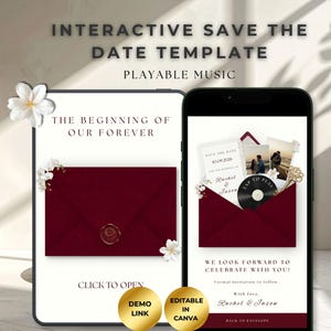Plantilla web para anunciar la fecha de la boda en color burdeos, invitación editable en Canva, invitación interactiva con sobre y música.