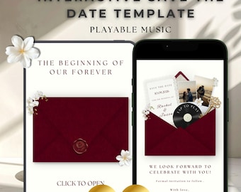 Plantilla web para anunciar la fecha de la boda en color burdeos, invitación editable en Canva, invitación interactiva con sobre y música.