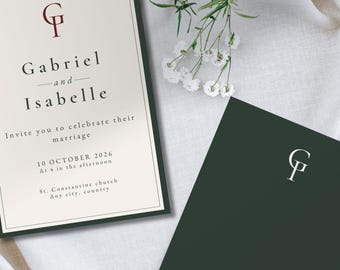 Plantilla editable para invitación de boda, estilo minimalista elegante y clásico en verde (descarga digital)