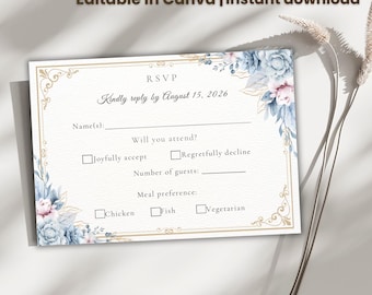 Blue Floral Wedding RSVP Card Template, Elegant Insert, Canva Editable (Digital Download)