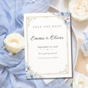 Plantilla de invitación de boda floral azul, tarjeta de boda editable, Canva, imprimible 5x7 4x6, descarga instantánea