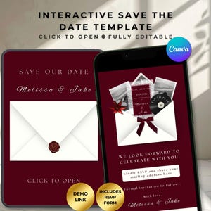 Puede incluir: Plantilla interactiva de guardar la fecha en una tableta y un teléfono inteligente. El diseño presenta un fondo burdeos con sobres blancos, un sello de cera y los nombres "Melissa & Jake". El texto incluye "Haga clic para abrir" y "Formulario RSVP".