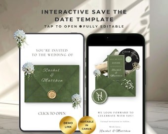 Sage Green Interactive Save the Date Template, Envelope Wedding Invitation with Music (Digital Download)