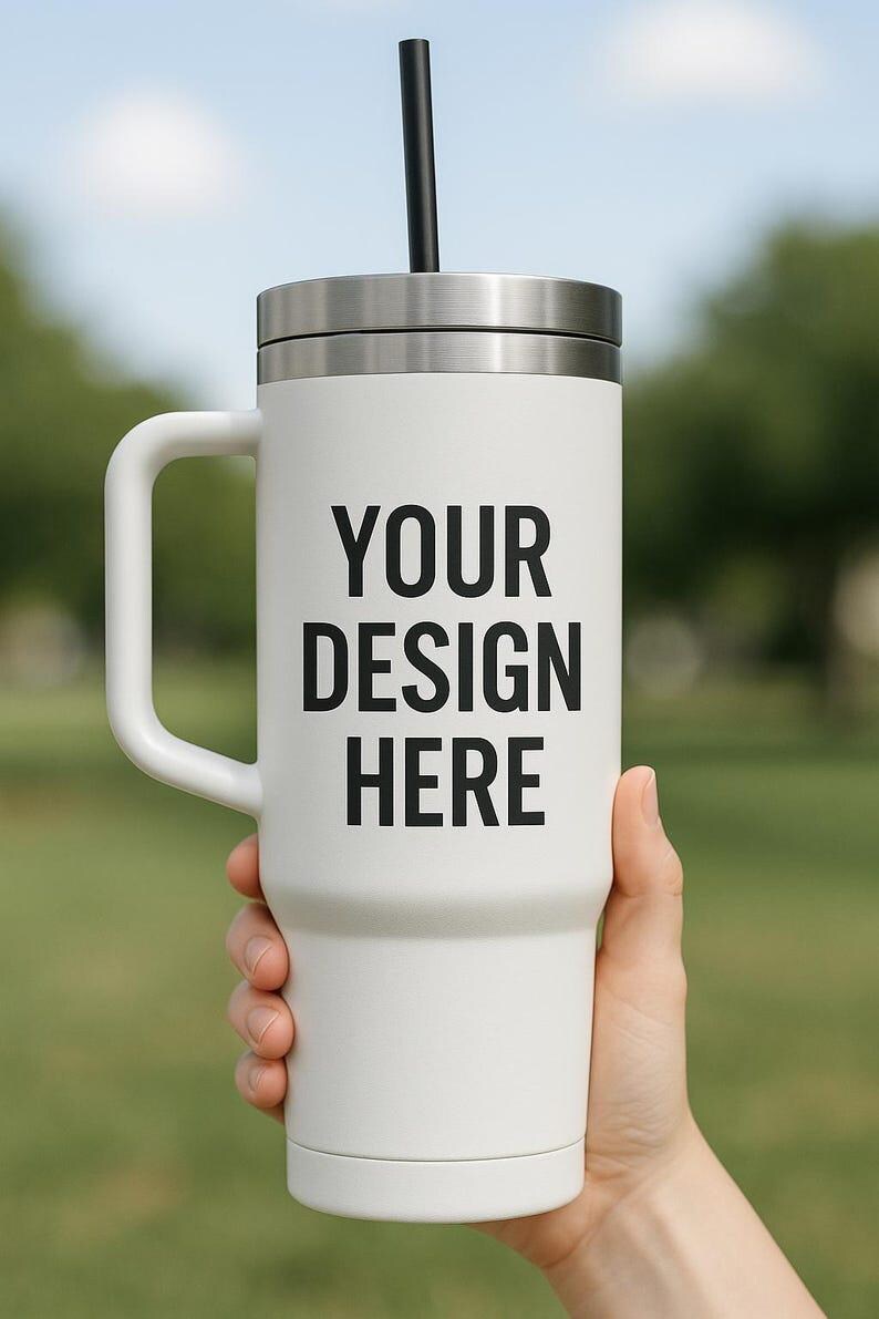 A person's hand holding a large white mug with the text "YOUR DESIGN HERE" printed on it.
