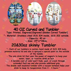 The image is a promotional material for a company that sells tumblers. It features three different tumbler designs, including a 40 oz curved and a 20 oz skinny tumbler. The tumblers are described as custom-made, hand-made, and spray-painted with a special paint. They are made of stainless steel and have a double-wall insulation, which helps keep the drink temperature from 3 to 4 hours.