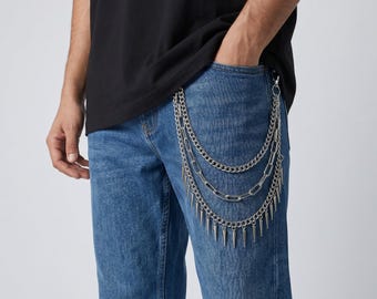 Cadena metálica punk para cintura de jeans - Cadena plateada para cartera, cinturón de cadena estilo streetwear, hebilla de cinturón de joyería Y2K, llavero para cartera, accesorios góticos