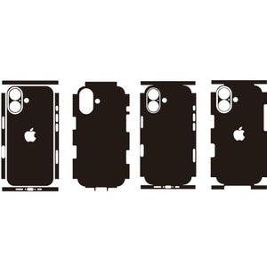 Può includere: Una collezione di skin e accessori neri per telefoni, tra cui protezioni complete e una skin per caricatore MagSafe. Le skin presentano ritagli per la fotocamera, i pulsanti e il logo Apple. Gli accessori sono progettati per proteggere e personalizzare il telefono.