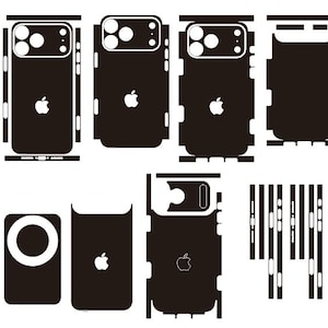 Puede incluir: Pieles de teléfono negras con recortes para cámaras, botones y logotipos. Las pieles están diseñadas para varios modelos de teléfono, con el logotipo de Apple. La imagen muestra múltiples piezas para una cobertura completa del dispositivo.