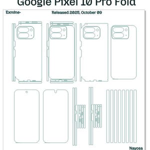 Könnte beinhalten: Technische Zeichnung eines Google Pixel 10 Pro Fold-Telefons, die verschiedene Komponenten und Umrisse zeigt. Das Bild enthält den Text "Google Pixel 10 Pro Fold" und "Released 2026, October 09".