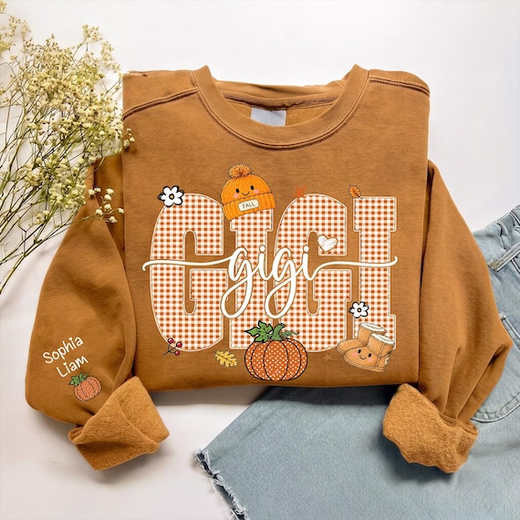 Personalized Gigi Fall Sweatshirt with Grandkids Names, Custom Gingham Pumpkin Mockneck, Crewneck, Cozy Autumn Thanksgiving Gift for Gigi