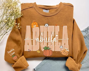 Custom Abuela Fall Sweatshirt, Personalized Grandkids Names Crewneck, Gingham Pumpkin Thanksgiving Shirt, Cozy Autumn Gift for Abuela