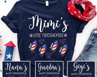 Personalized Mimi Little Firecrackers Shirt, Custom Children Names, Patriotic Stars Rockets Graphic, Grandma Shirt Independence Day