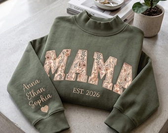 Custom Floral Mama Mockneck Sweatshirt, Mama Embroidered Sweatshirt, Personalized Mama Mockneck, Gift for Mama, Mothers Day Gifts, Mom Gifts