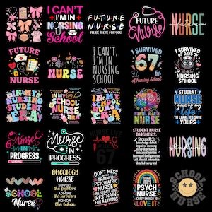 May include: A collection of colorful graphic designs on a black background, featuring text related to nursing. Designs include phrases like "Future Nurse," "Nursing School," and "Mental Health Nurse," along with medical symbols.