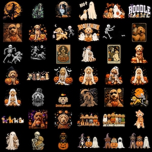 May include: A collection of digital illustrations featuring golden doodle dogs in various Halloween themes, including ghosts, skeletons, pumpkins, witches, and costumes, all set against a solid black background with text elements.