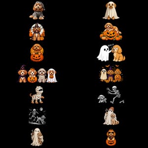 Puede incluir: Una colección de dieciséis ilustraciones digitales que muestran cachorros de color dorado con varios disfraces y escenarios de Halloween, incluyendo fantasmas, momias, esqueletos y calabazas, dispuestos en dos columnas sobre un fondo negro.