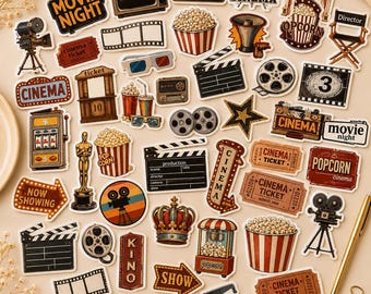 Set de 50 pegatinas de cine: pegatinas de películas con palomitas, cámara y entradas | Decoración de cine