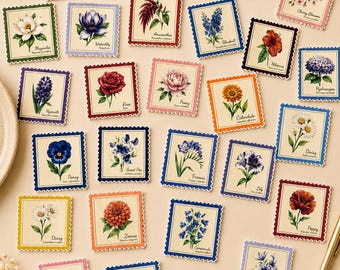 Juego de 50 pegatinas florales con sellos – 50 pegatinas florales vintage | Sellos botánicos y decoración cottagecore