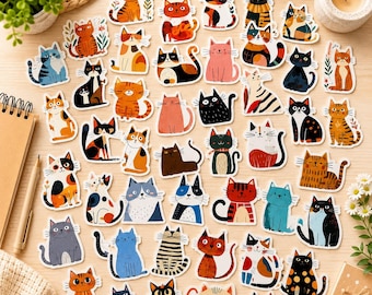 Juego de 50 pegatinas de gatos – 50 pegatinas de gatos de dibujos animados | Lindos gatos Kawaii para niños y decoración, escuela primaria - jardín de infancia