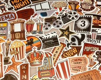 Set de 50 pegatinas de cine: pegatinas de películas con palomitas, cámara y entradas | Decoración de cine